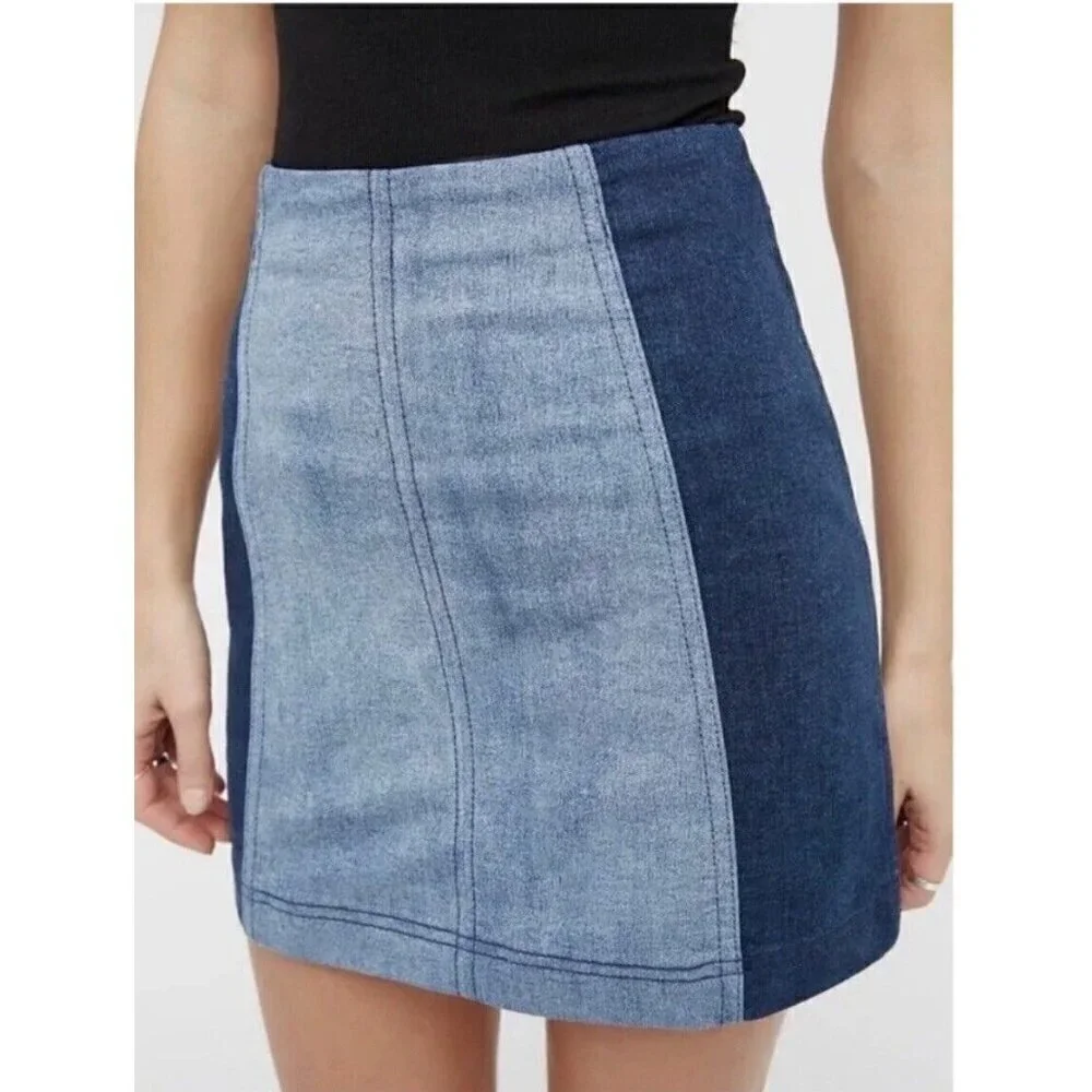 Free People Womens Modern Femme Denim Mini Skirt Sz 2 Blue Jean Colorblock Boho - Picture 4 of 8